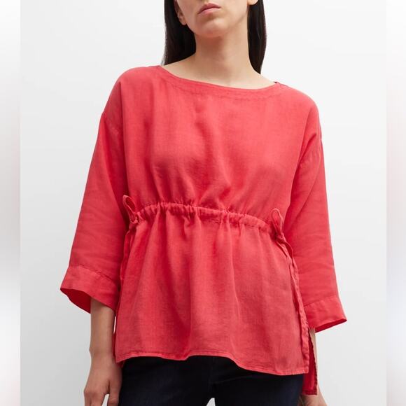 EILEEN FISHER Bateau Neck Drawstring Linen Blouse In Red - Picture 1 of 9
